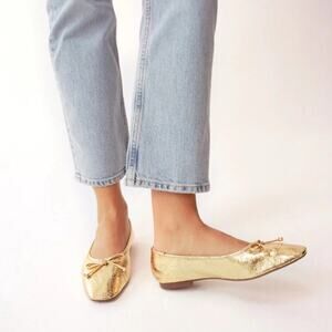 Schutz Gold Arissa Metallic Leather Crinkle Square Toe Ballet Flats Size 7.5